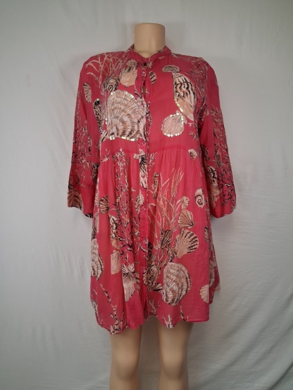 Ashoka Chakra Women's Coral Shell-Print Tie-Neck Tunic